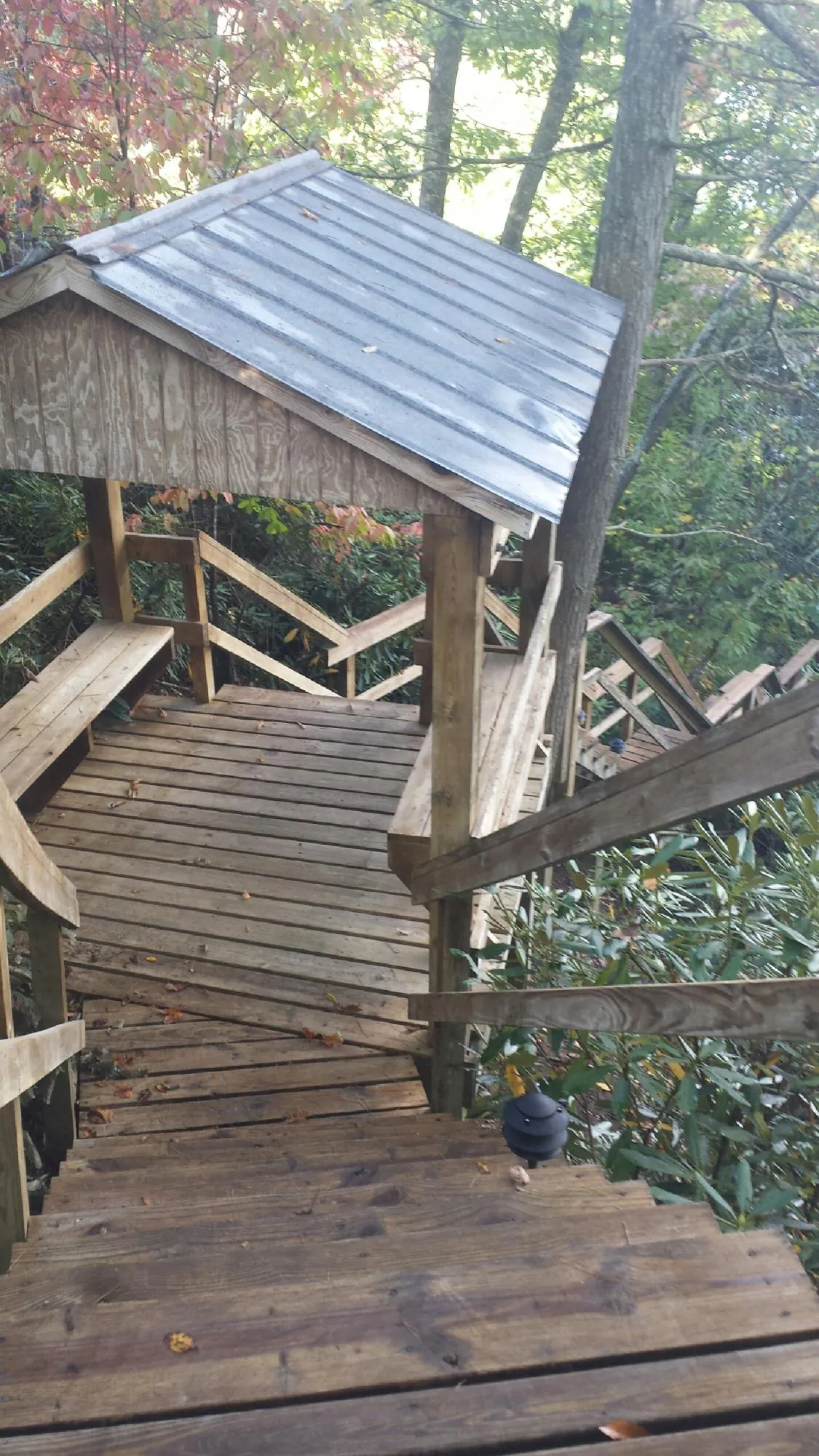 Metal roofed shelter over wooden steps on a wooded walkway — Skylight Repair & Installation work by our crew in Descanso